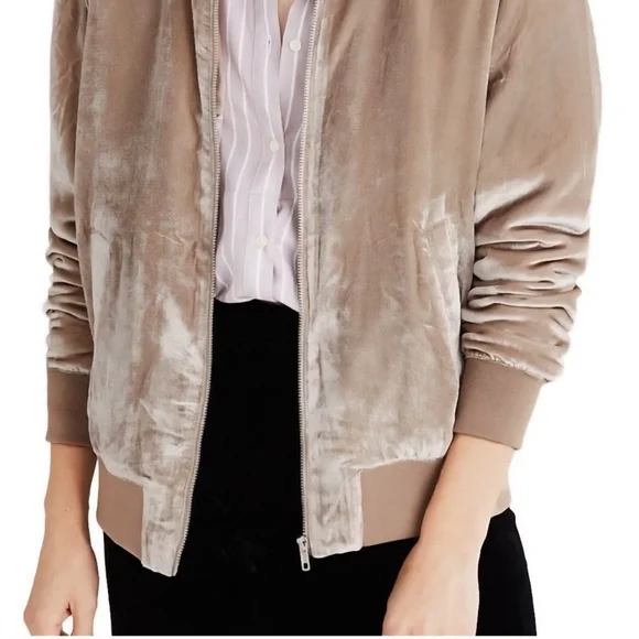 Women's Tan Velvet Bomber Jacket NWOT Size XXS - Picture 1 of 15